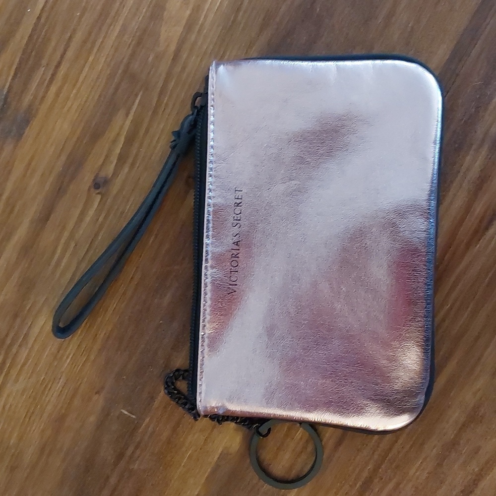 Victoria Secrets Pink sateen Zip top With Keychain Coin purse Small like new!